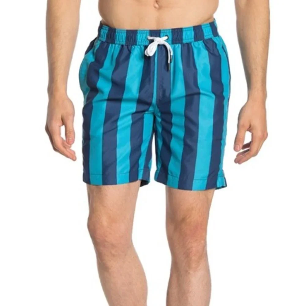 Onia Charles Stripe Print Swim Trunks Teal NWT Men's